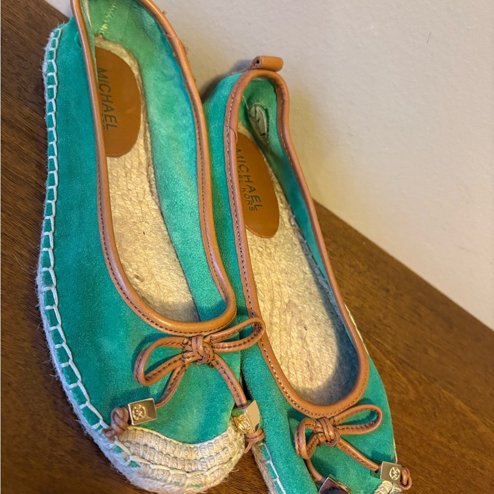 Michael Kors Teal Suede Espadrille Flats with Tan Trim and Bow